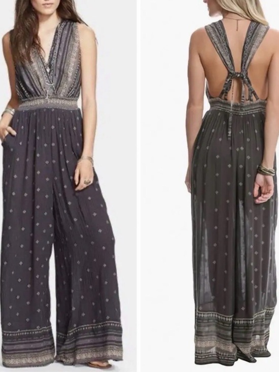 Free People Pants - Free People Boho Wide Leg Jumpsuit LG Open Back Romper Pants Army Green Beaded